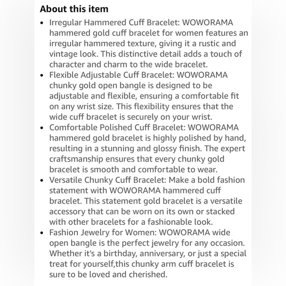 WOWORAMA Hammered Gold Cuff-One Size - Picture 6 of 6